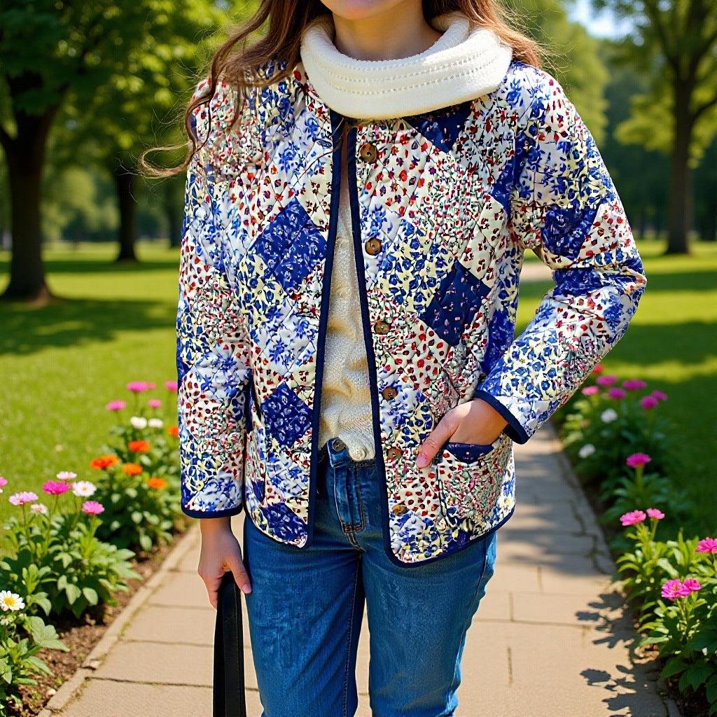 Veste matelassée en patchwork pour femmes avec motif floral et patte de boutonnage visible Chic & Stil