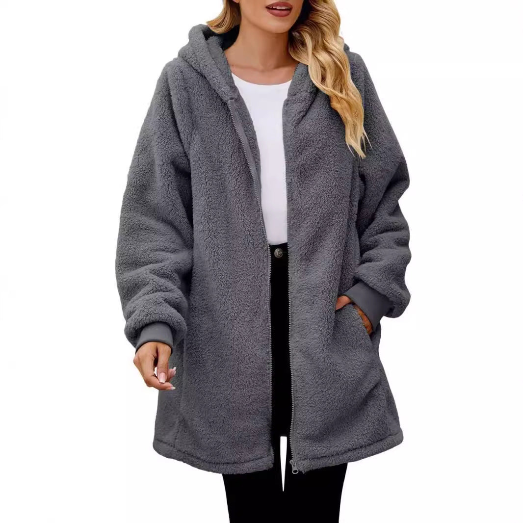 Comfortable fleece hooded coat for women with large pockets and zip Lune London
