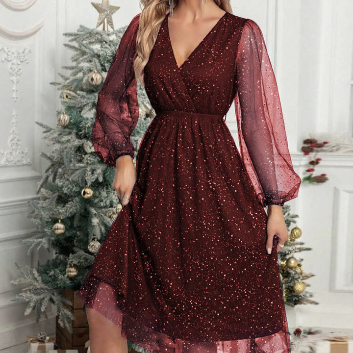 Glamorous midi dress for women with transparent puff sleeves and a sparkling sequin pattern Lune London