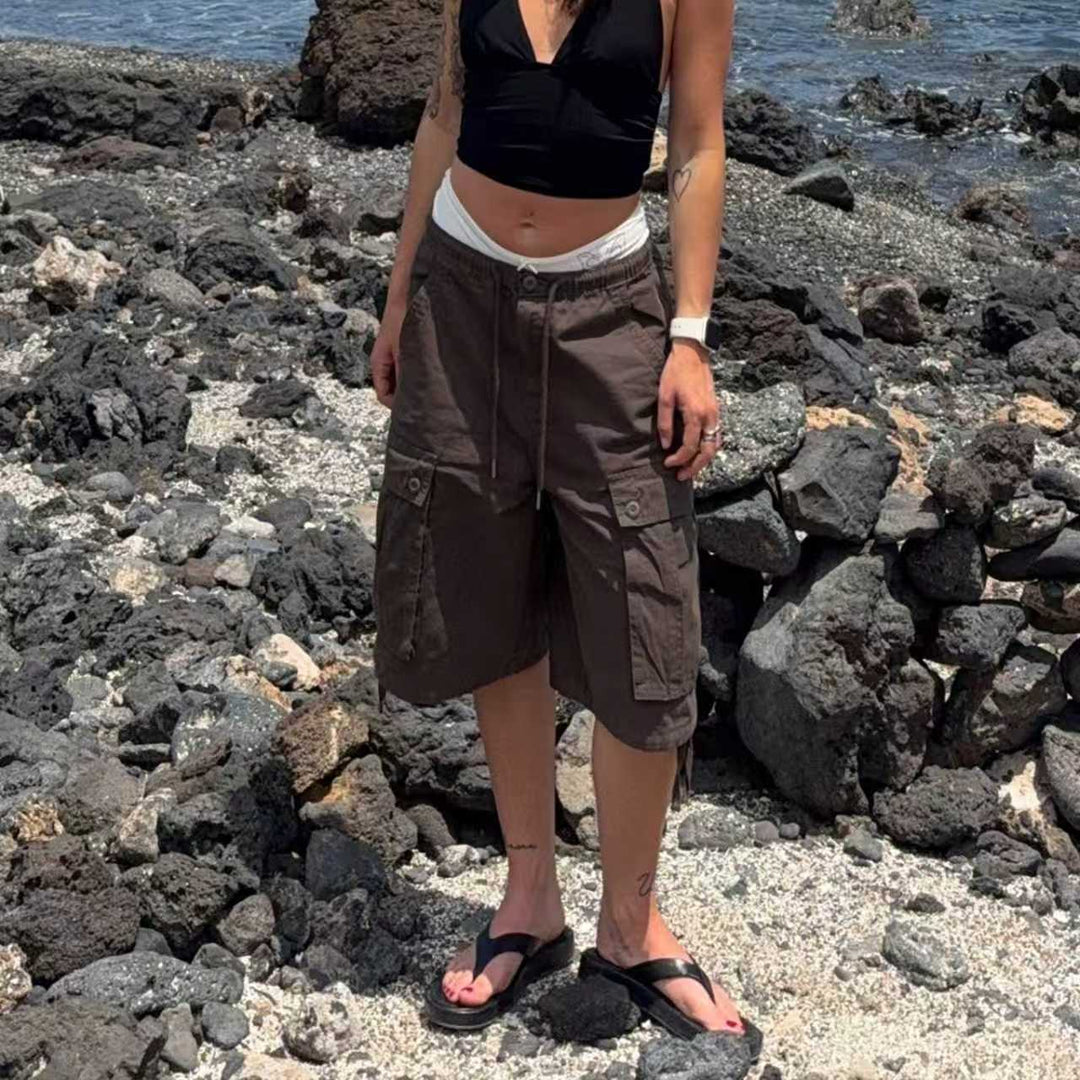 Ladies cargo shorts with elastic waistband and practical side pockets Lune London