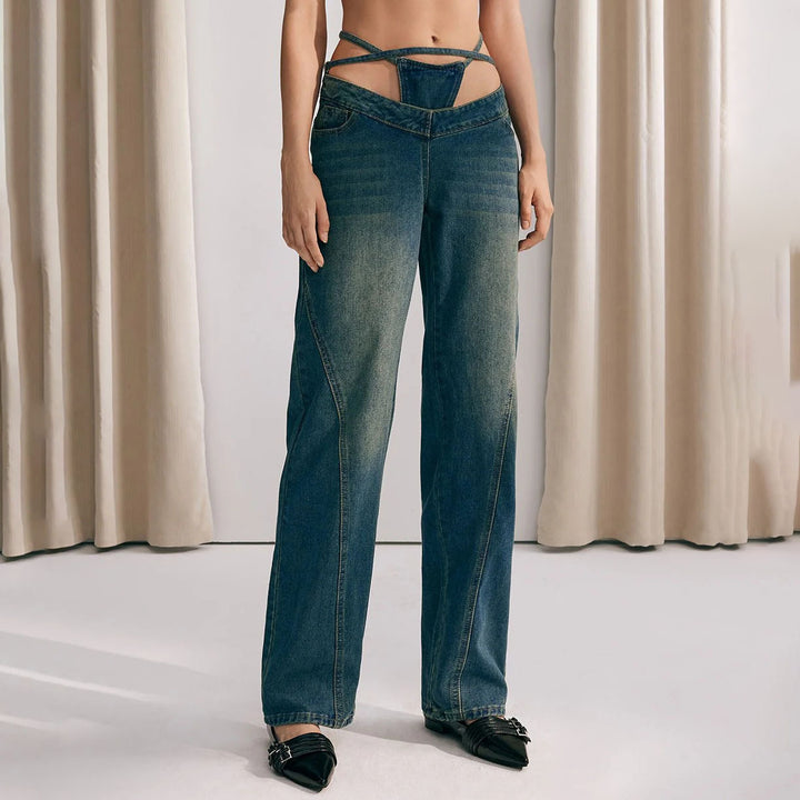 Women High Waist Jeans with Chic Cut-Out Design and Style