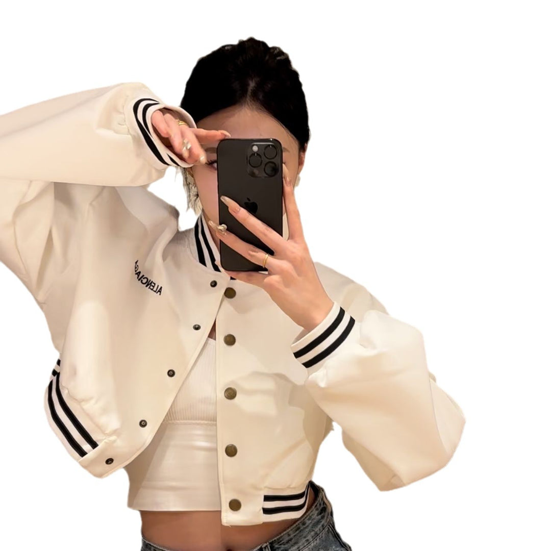 Women's casual cropped bomber jacket with contrasting stripes and snap buttons Lune London