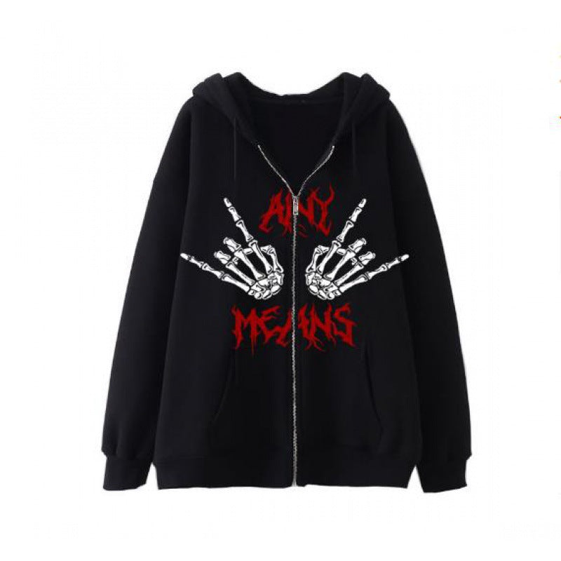 Women's hooded sweatshirt with creative skeleton pattern and practical zipper Lune London