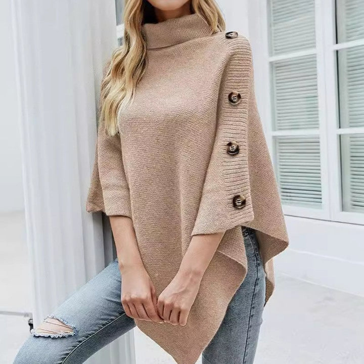 Elegant ladies poncho with high collar and decorative buttons Lune London