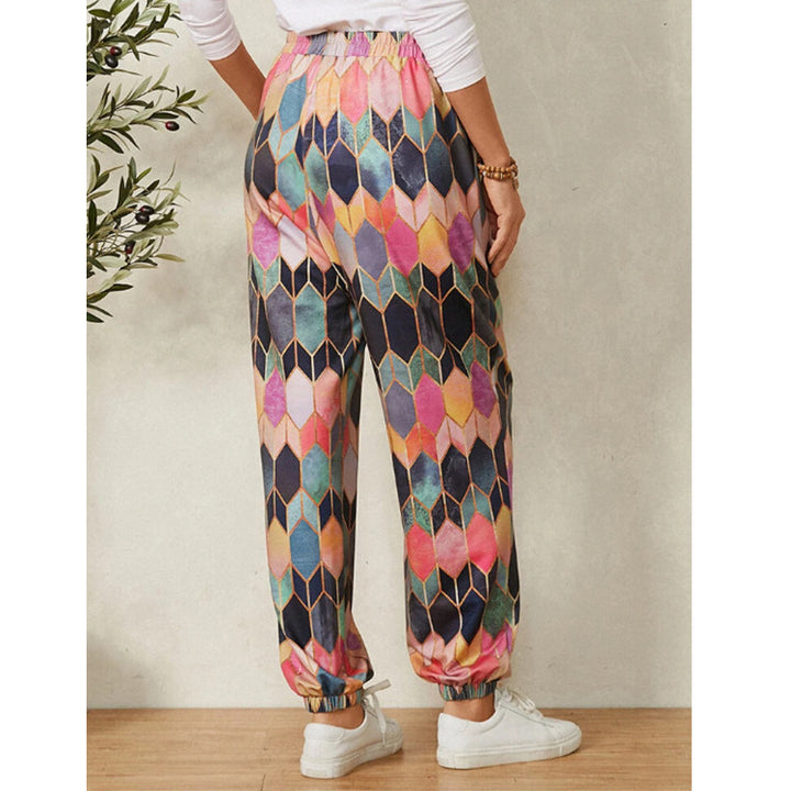 Leisure pants for women with modern geometric pattern and elastic waistband Lune London
