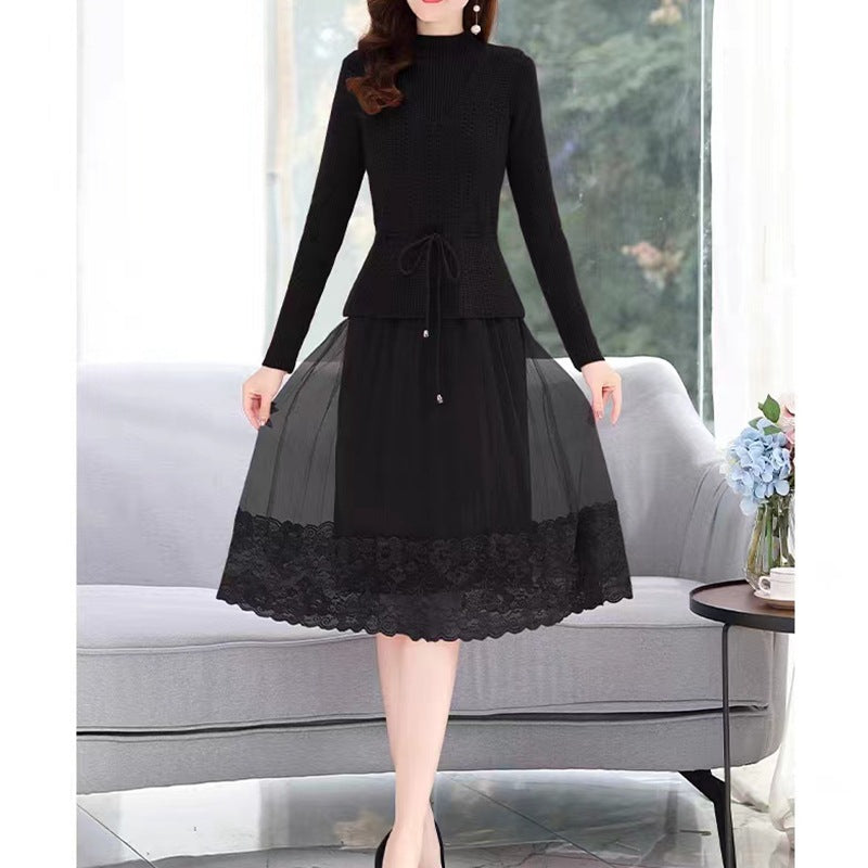 Elegant knit and tulle dress for women with floral lace finish Lune London