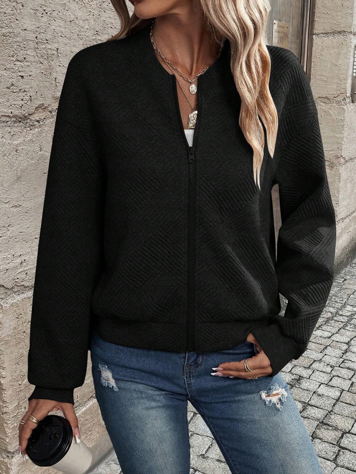 Ladies stylish sweatshirt jacket with textured pattern and high collar Chic and Style