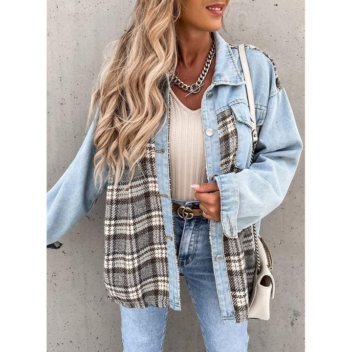 Tartan pattern denim jacket for women with a relaxed fit and modern details Lune London