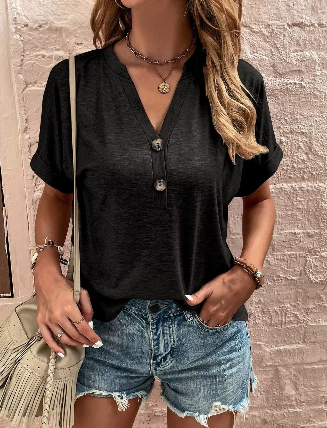 Women Relaxed Fit Buttoned Henley Top Lune London