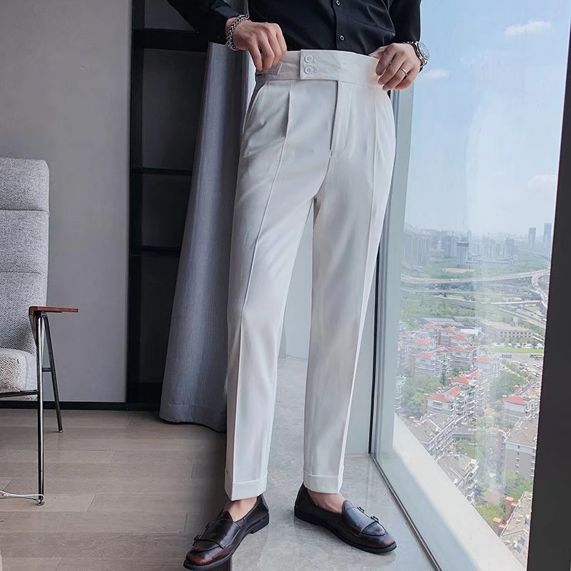Elegant high-waisted suit pants for men with double button details Lune London