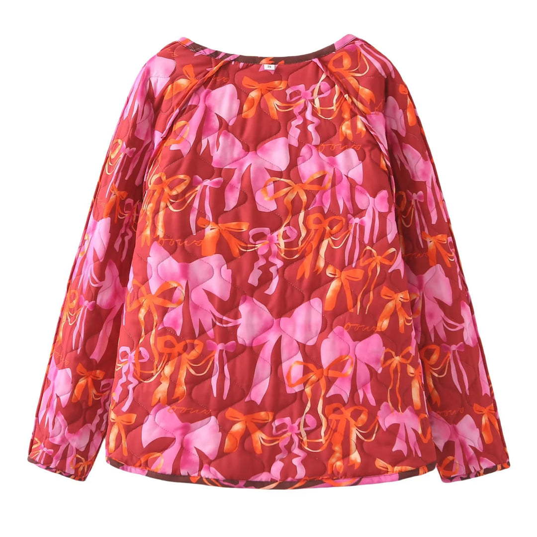 Transitional jacket for women, quilted and with a colorful bow pattern Lune London