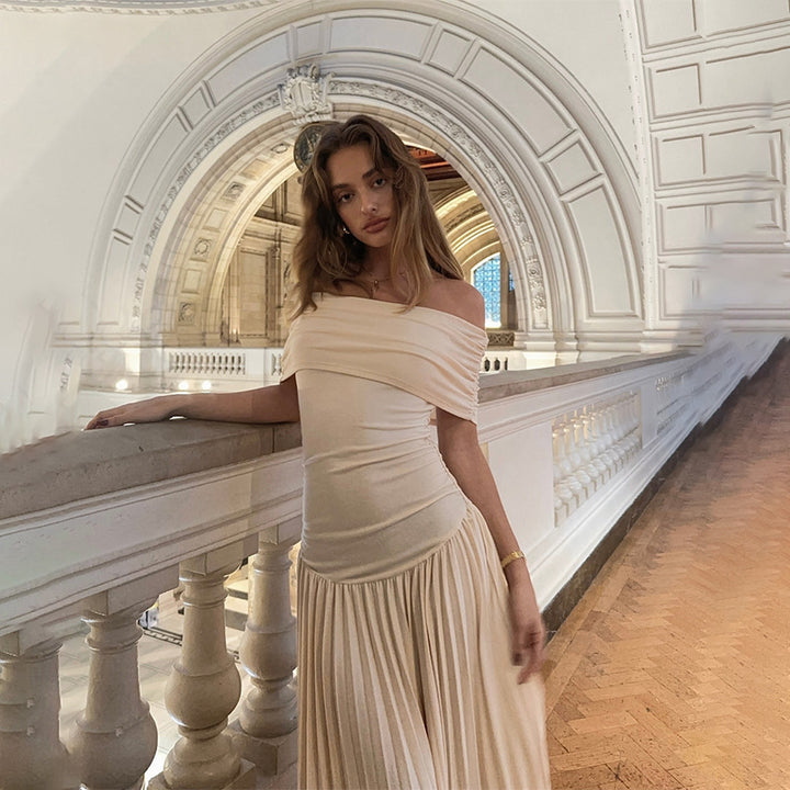 Elegant off-shoulder maxi dresses for women with pleated details and flattering cut Lune London