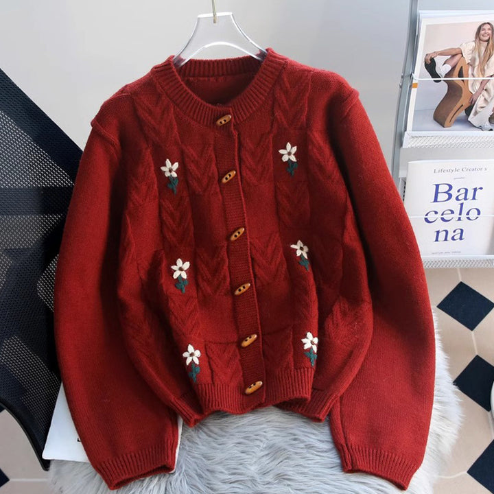 Knit jacket for women with floral cable pattern and wooden buttons Lune London