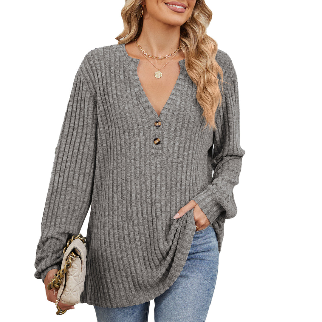 Long sleeve blouse for women with textured V-neck and button details Lune London