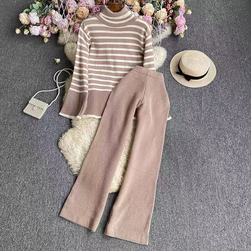 Women elegant striped knit set with high collar and wide leg Lune London