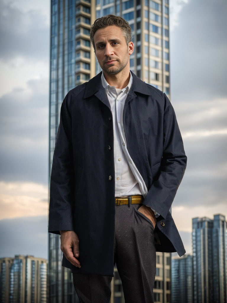 Lightweight transitional jacket for men with a minimalist design featuring practical buttons and large pockets Lune London
