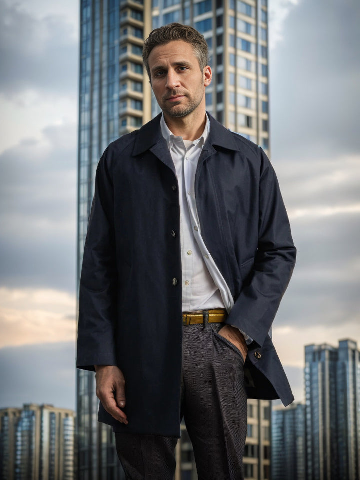 Lightweight transitional jacket for men with a minimalist design featuring practical buttons and large pockets Lune London