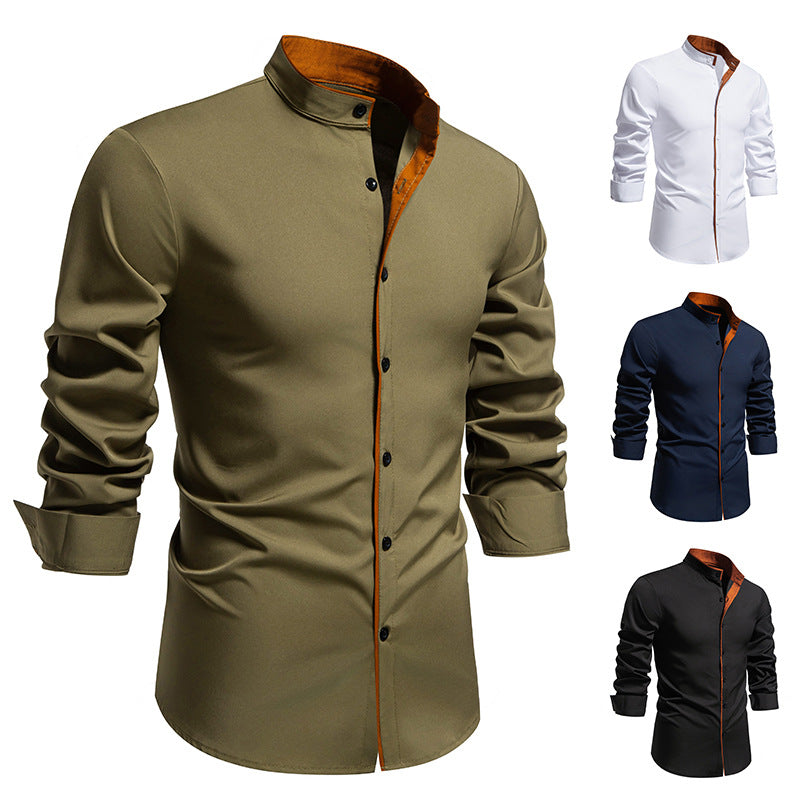 Men's long sleeve shirt with modern stand-up collar and embroidered details Lune London