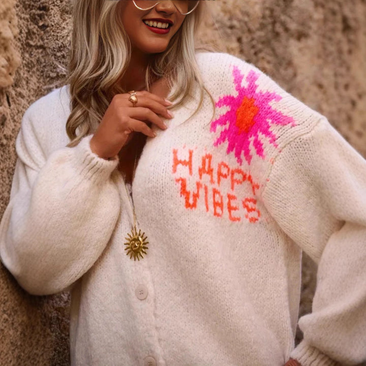 Ladies casual knit jacket with colorful graphic design Lune London