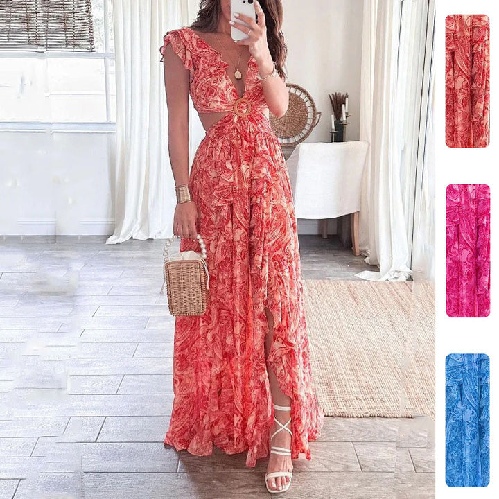 Robe maxi longue pour femmes avec design élégant à découpes et encolure à volants Chic & Stil