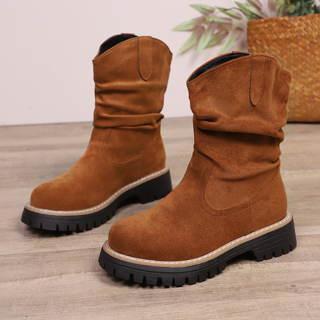 Soft suede boots for women with a relaxed crumpled aesthetic and a sturdy molded sole Lune London