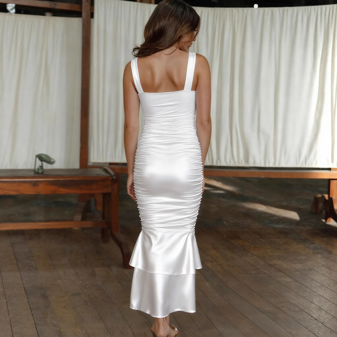 Women's Figure-hugging Satin Maxi Dress with Ruffle Details Lune London