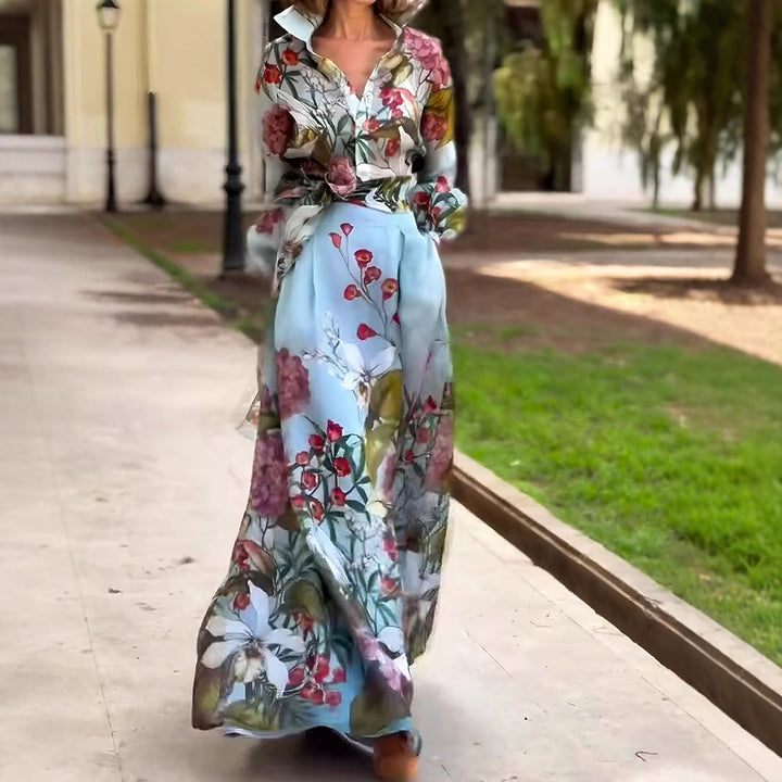 Ladies Elegant Maxi Dress with Floral Pattern and Beautiful Chic Belt and Style