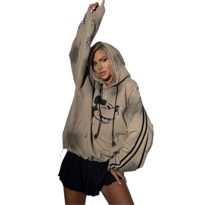 Oversized hoodie for women with trendy tear details and graphic print Lune London
