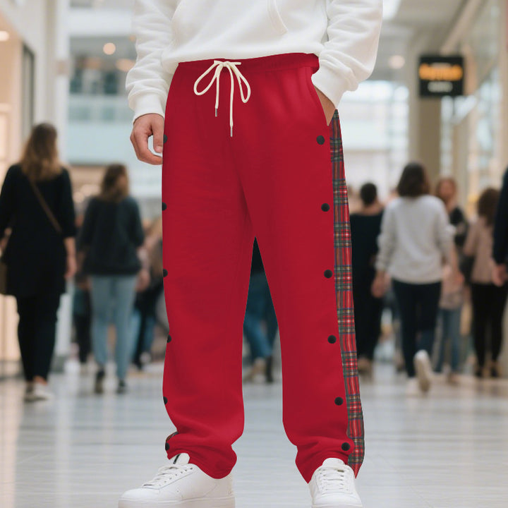 Sporty jogger pants for men with side snap buttons and chic plaid design