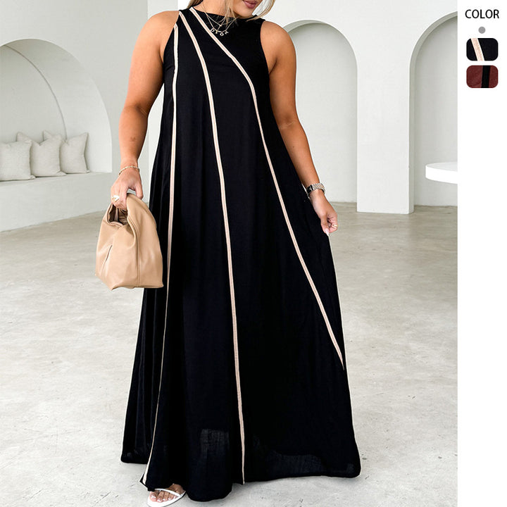 Women's maxi dress with asymmetric design and elegant contrast seams