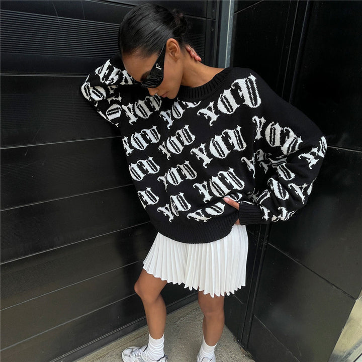Casual knit sweater for women with a modern inscription and a loose fit Lune London