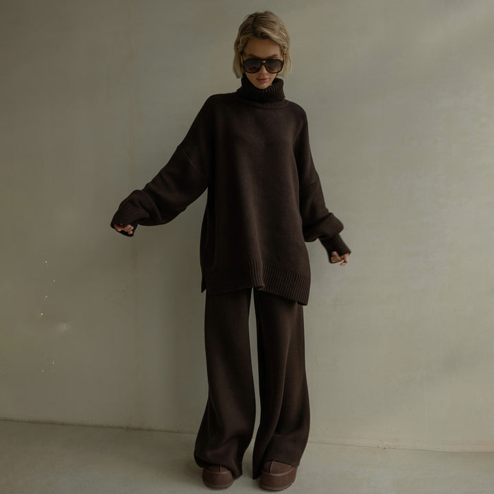 Women Casual Knit Jumpsuit with High Collar and Wide Leg Lune London