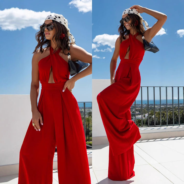 Ladies Cut-Out Halter Neck Wide Trousers Lune London