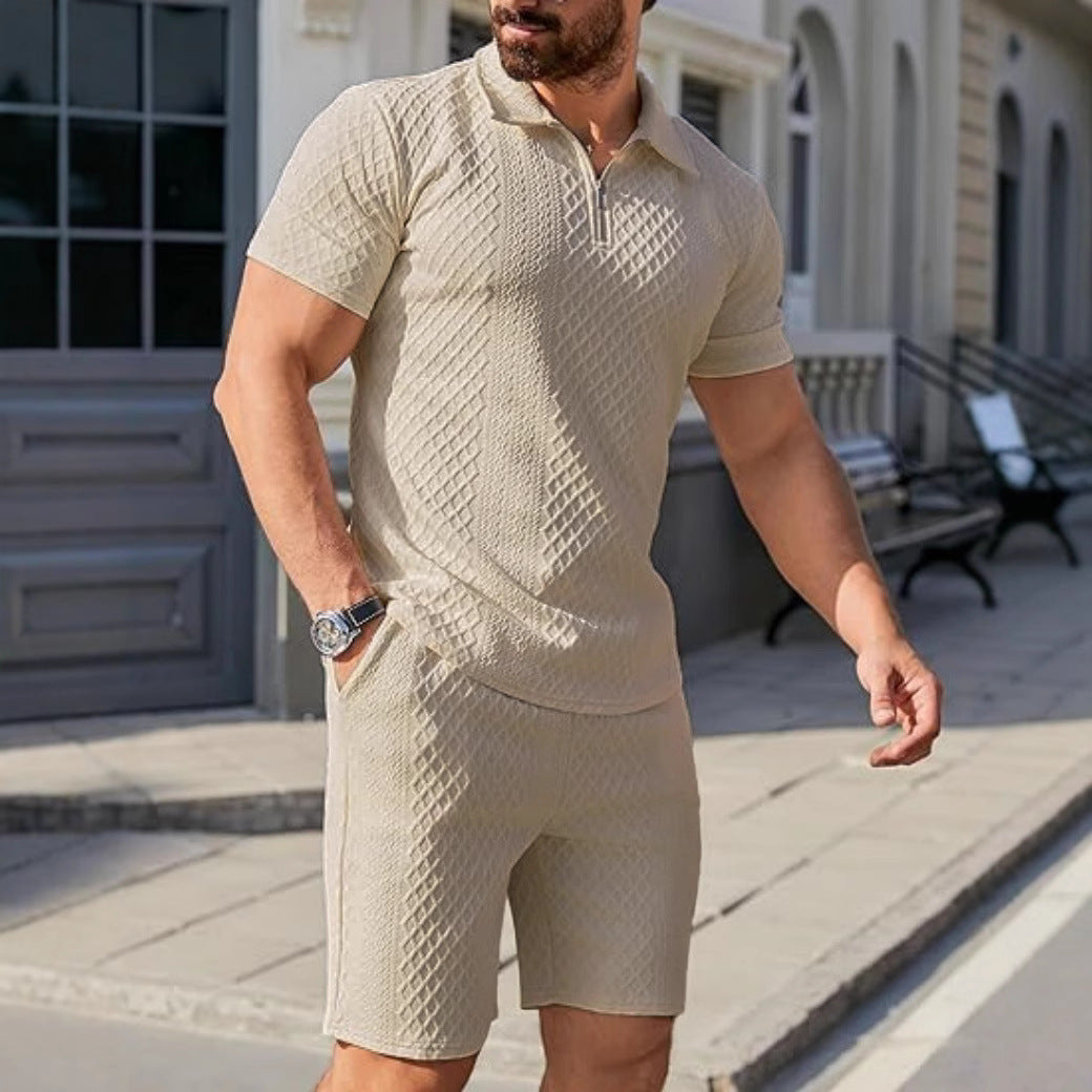 Trendy short polo shirt for men with imbued structure design and matching shorts Lune London