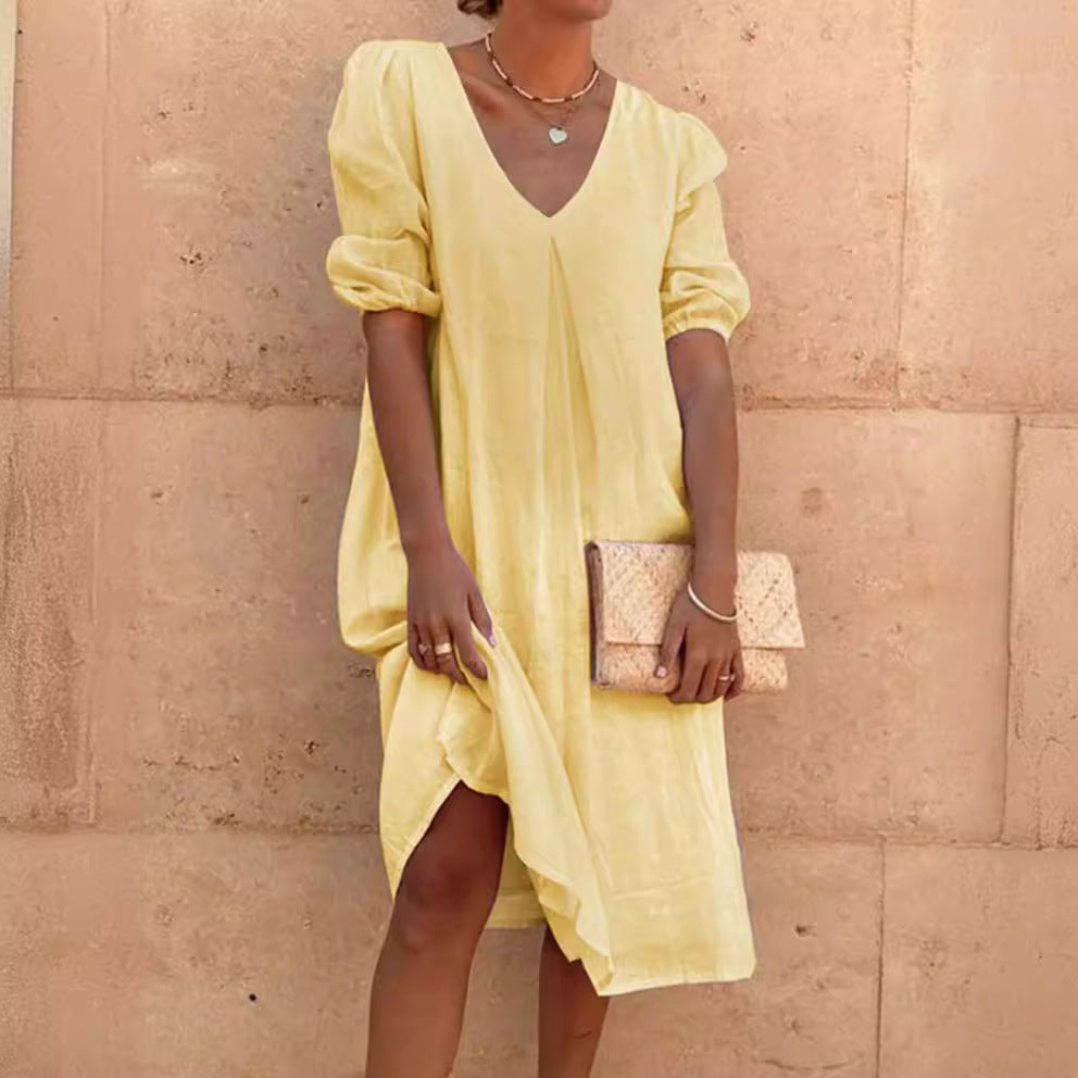 Casual linen dress for women with V-neck and puff sleeves Lune London
