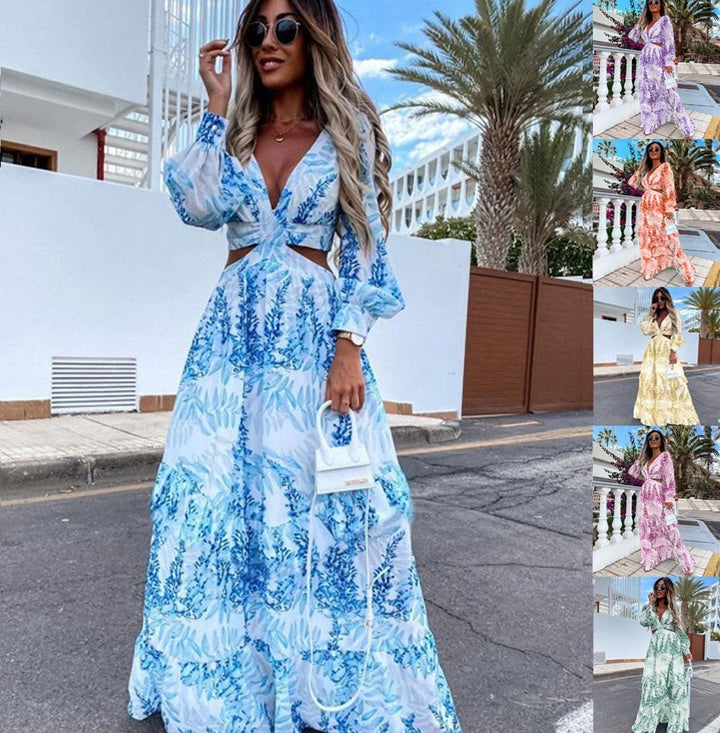 Maxi dress for women with floral cut and pretty ruffle details Lune London