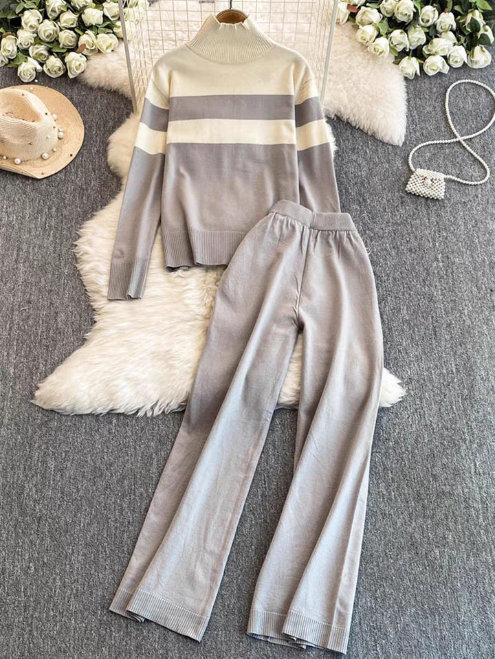 Knitted loungewear set for women with a high collar and wide stripes Lune London