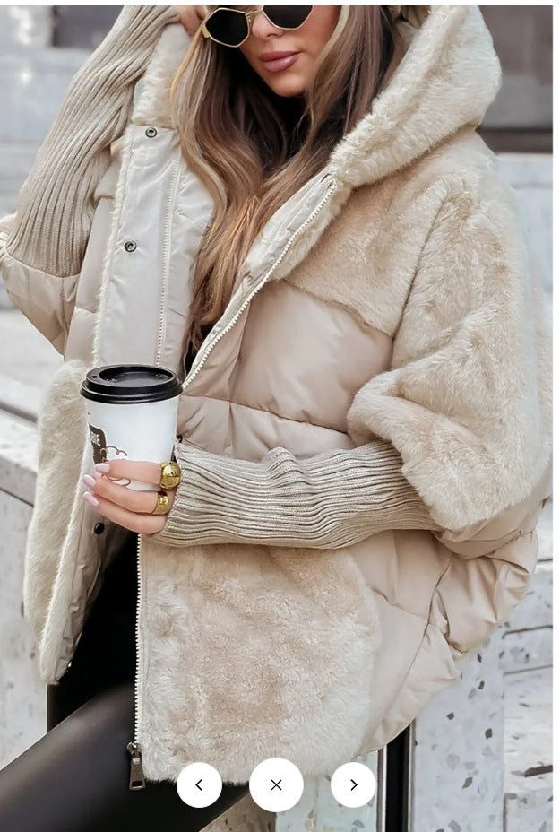 Ladies oversized quilted jacket with faux fur and hood Lune London