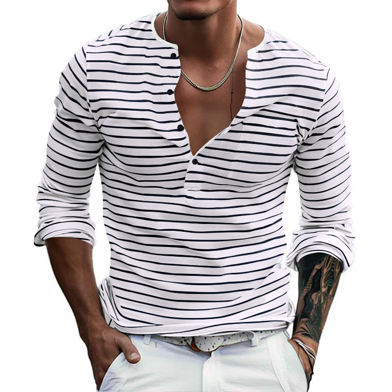 Striped long-sleeved shirt for men with button placket and V-neck Lune London
