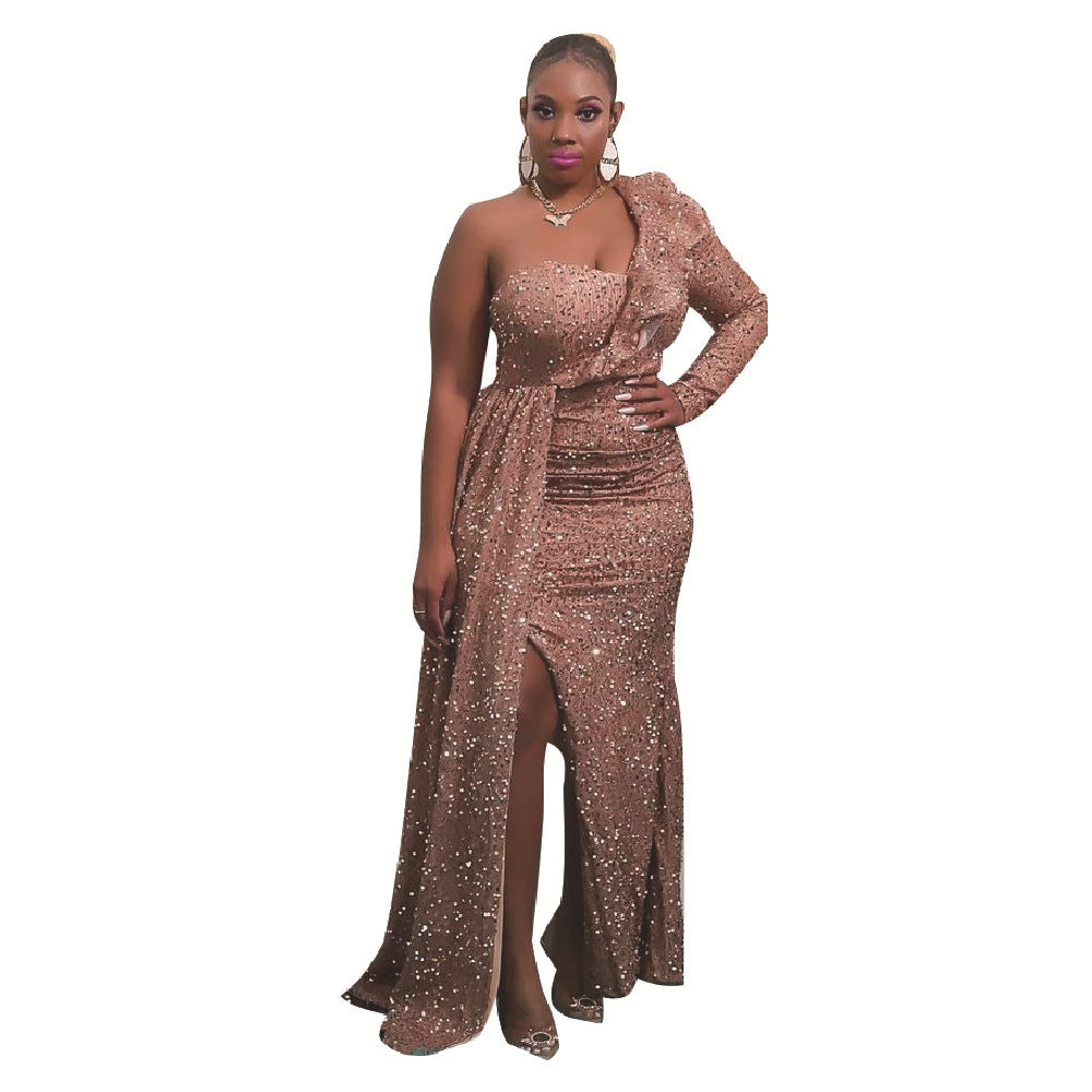 Women Elegant Off-Shoulder Maxi Dress with Shimmering Accents and Asymmetrical Design Lune London