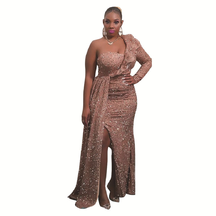 Women Elegant Off-Shoulder Maxi Dress with Shimmering Accents and Asymmetrical Design Lune London