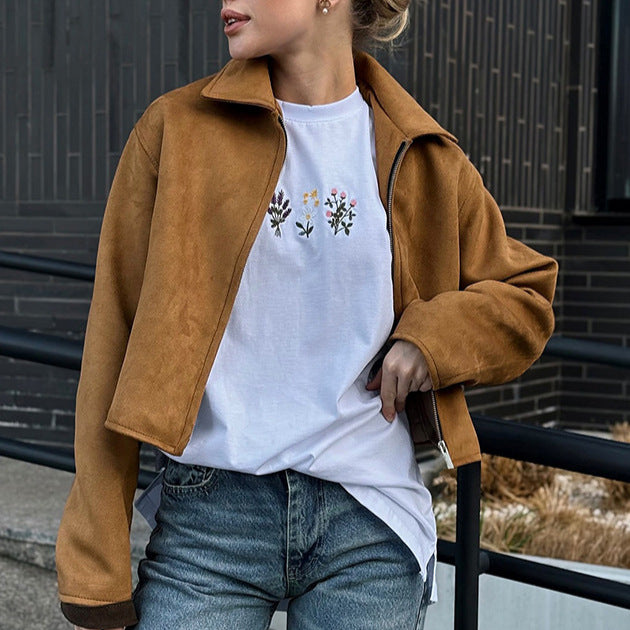 Suede fashion jacket for women with sporty cut and stylish zipper Lune London