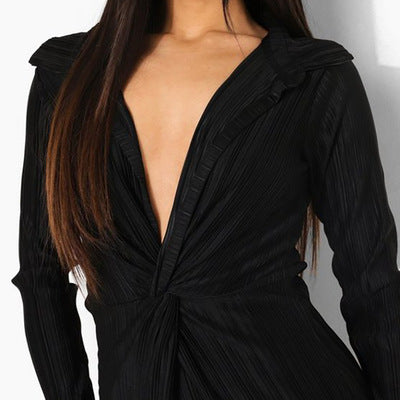 Pleated wrap dress for women with deep V-neck Lune London