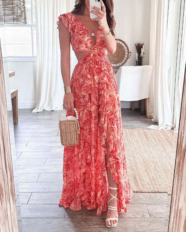 Women's Boho Maxi Dress with Playful Ruffle Details and Shimmering Belt