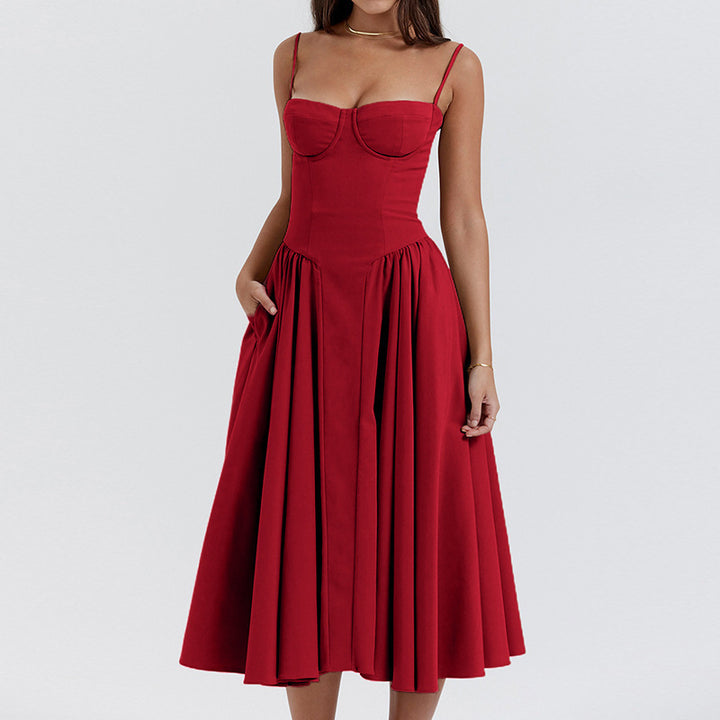 Mid-length dress for women with strapless design and voluminous pleated skirt Lune London