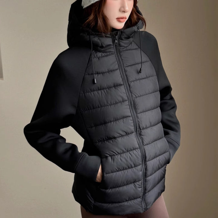 Ladies innovative hybrid jacket with high collar and detachable hood Lune London