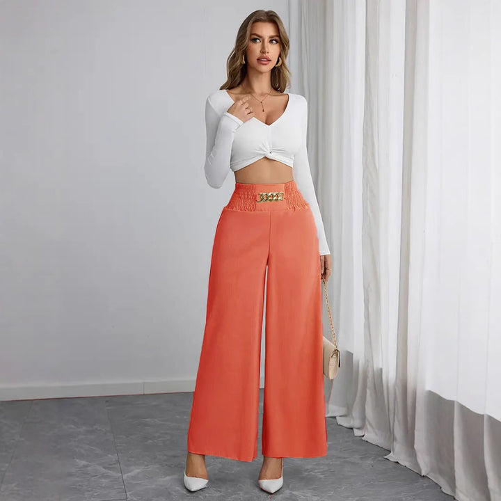 Wide palazzo trousers for women with elastic waistband and decorative belt Lune London