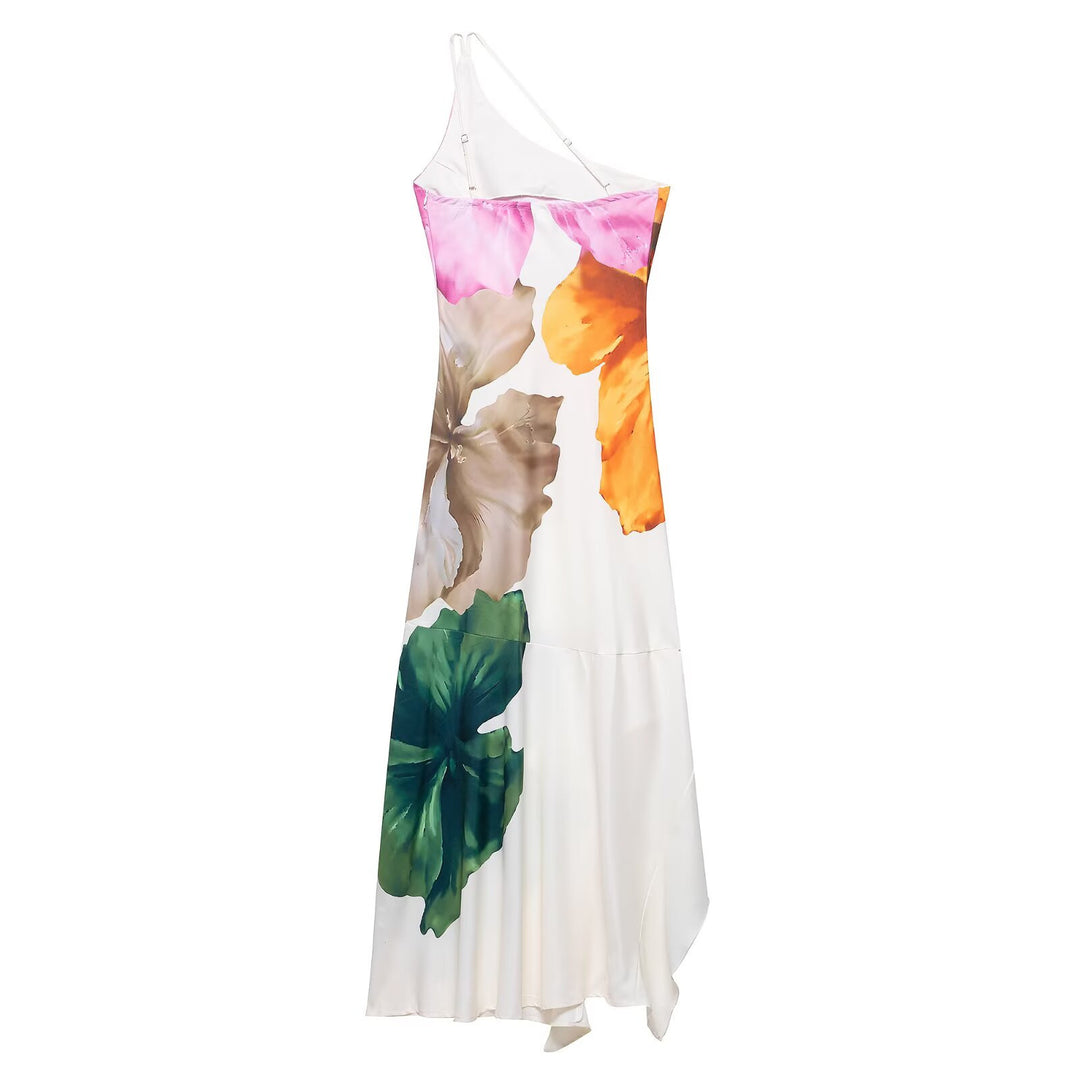 Maxi dress for women with asymmetric cut and floral design Lune London