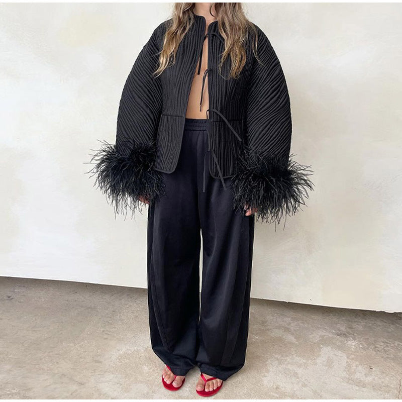 Elegant ladies jacket with elaborate faux fur sleeves Lune London