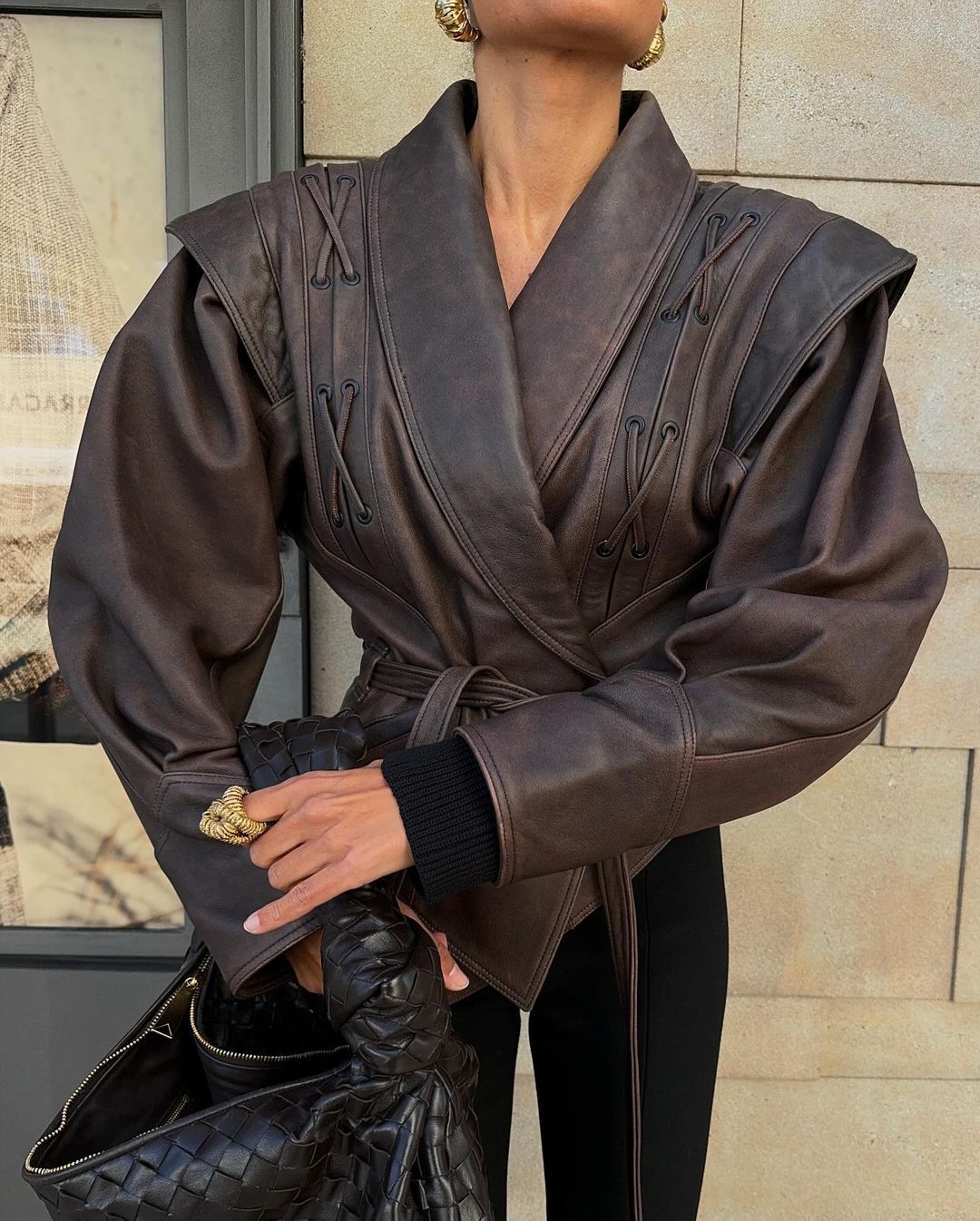 Elegant faux leather jacket for women with drapes and adjustable belt Lune London
